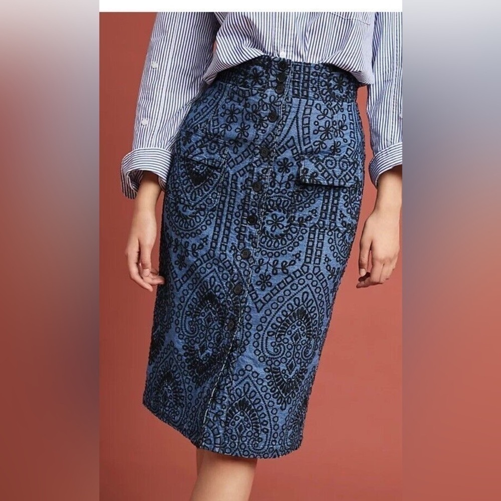 Anthropologie Sz 0 Pencil Skirt Embroidered